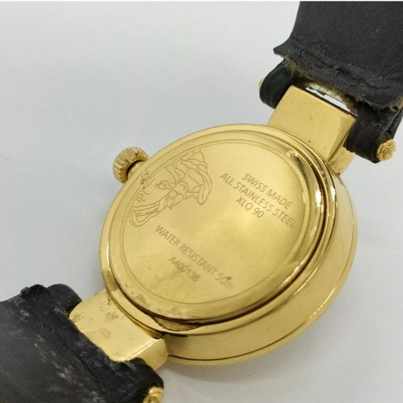 Versace Swiss Made Ladies Goldtone Watch W/Black Leather Shark Band Working - Picture 6 of 10